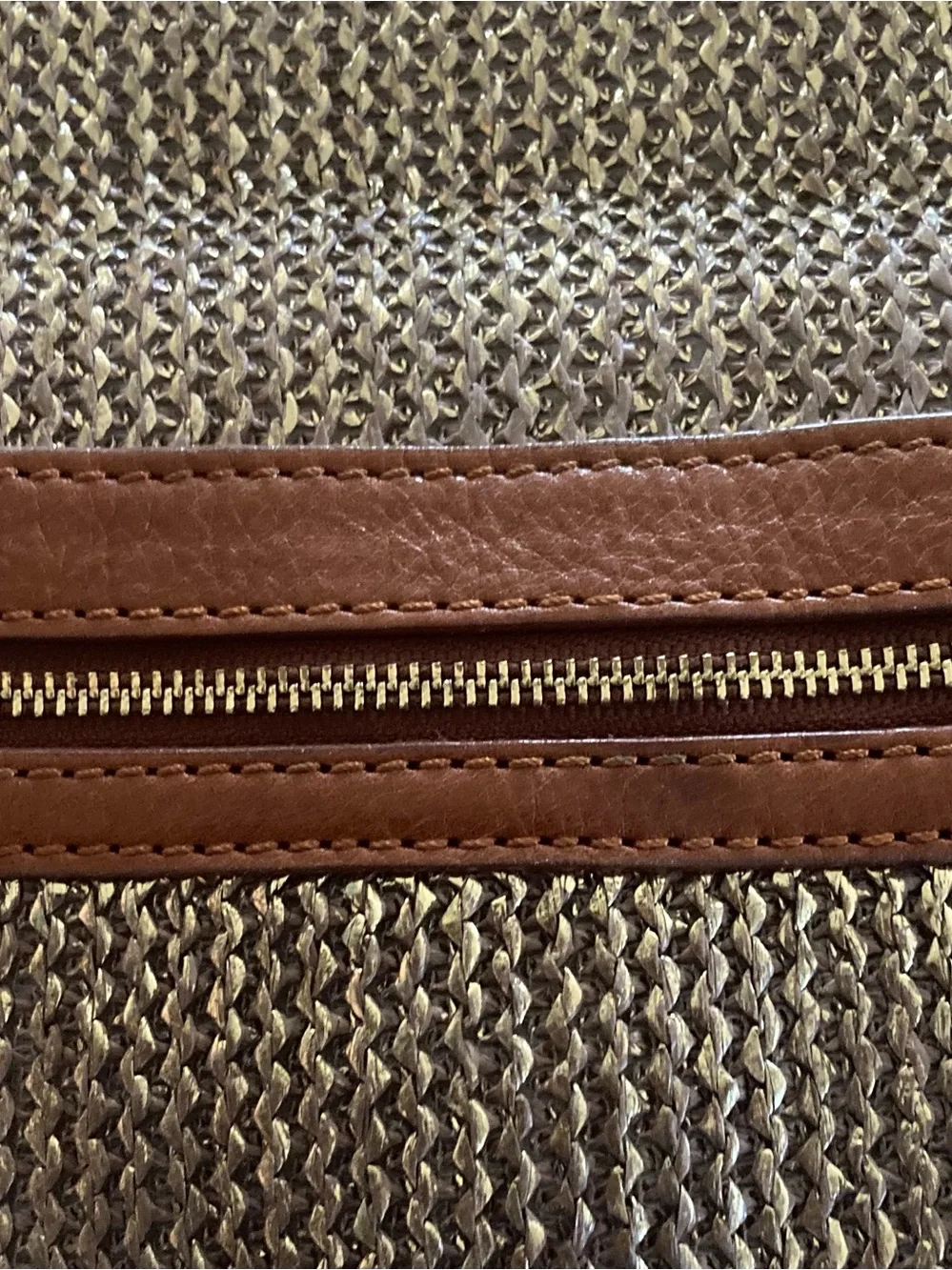 Tory Burch Brown/Gold Woven metallic body,fold over Clutch with big Gold Emblem